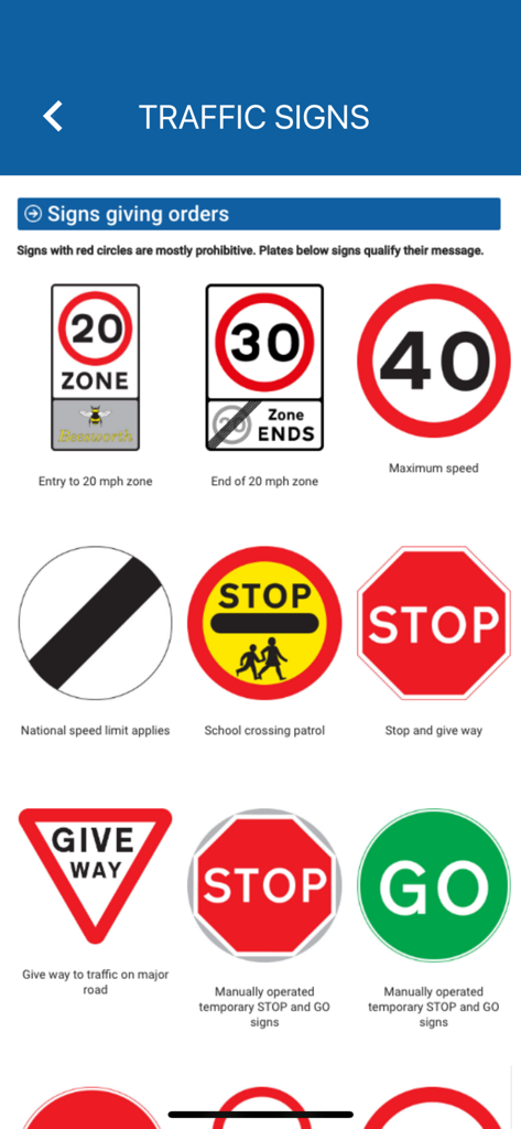 Turks & Caicos Driving Theory - Traffic signs giving orders section in the Turks and Caicos driving theory app showing various road signs and their descriptions.