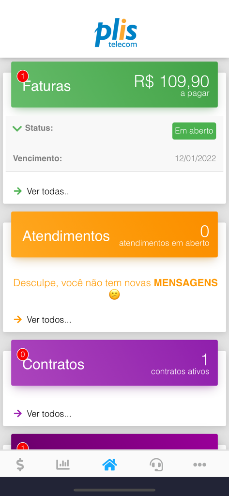 Plis Telecom - Plis Telecom mobile app dashboard showing billing and service status.