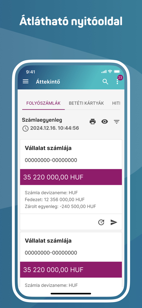 MBH Vallalati corporate banking app dashboard showing account balances in Hungarian Forint