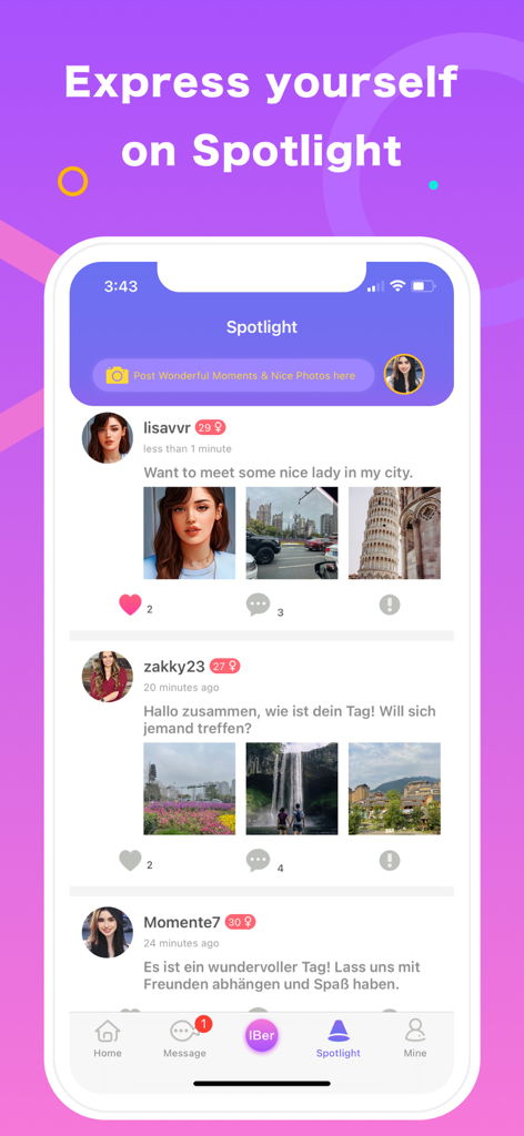 A screenshot of the CasualMeet mature dating app showing the Spotlight social feed with user profiles and photo posts