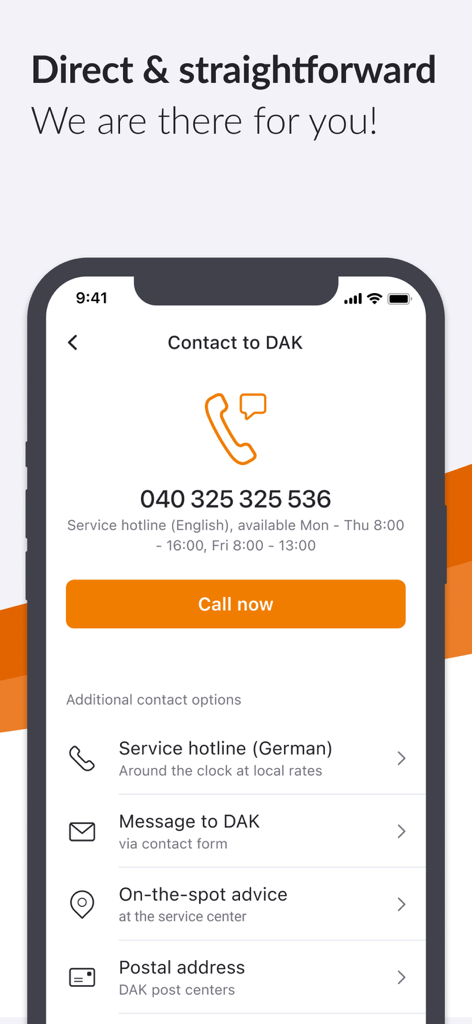 Contact screen of the DAK health insurance app showing support hotline and messaging options