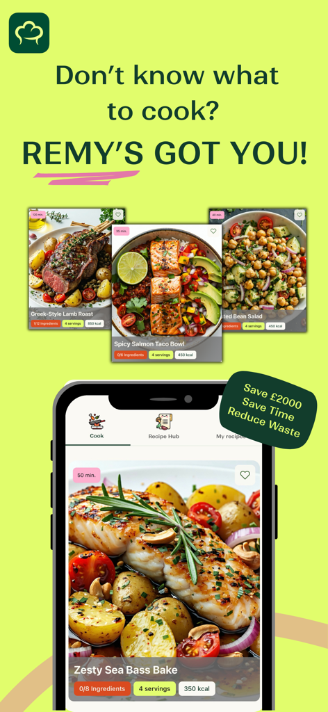 Interfaz de la aplicación Remy mostrando recetas saludables como Zesty Sea Bass Bake y Spicy Salmon Taco Bowl con tiempos de cocción y calorías.