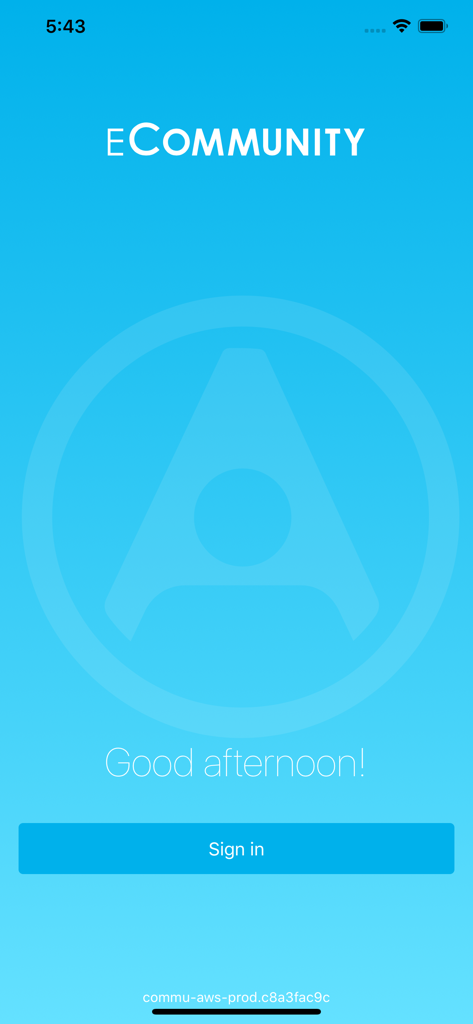 eCommunity - The sign in splash screen of the eCommunity mobile app for healthcare professionals.