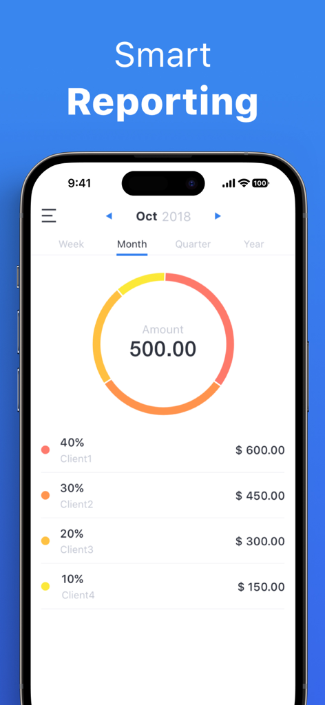 Hours Keeper: Time Tracker - Capture d'écran de l'application Hours Keeper montrant un rapport de revenus mensuel avec un graphique en anneau et une ventilation des revenus des clients pour les professionnels indépendants.