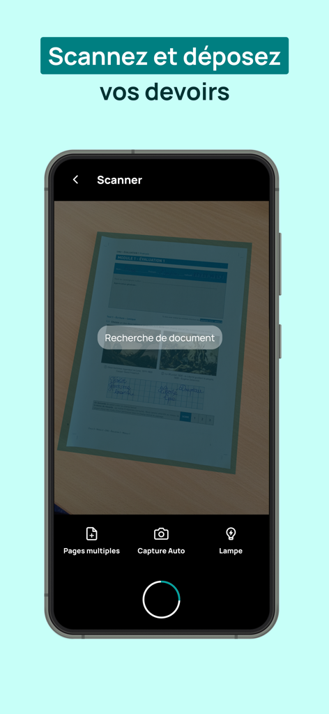 Smartphone interface of the Cned app scanning a student evaluation document