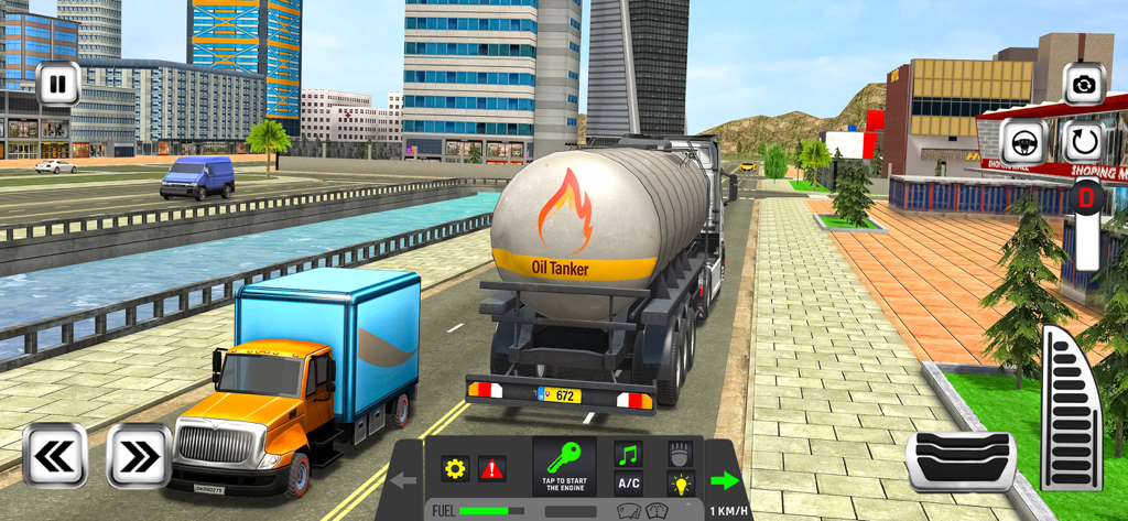 Truck Simulator Driver Games - Third-person gameplay view of an oil tanker and a delivery truck on a city street in a driving simulator.