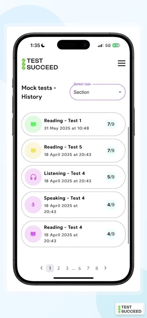 IELTS Practice & Mock Tests - Historial de puntuaciones de exámenes simulados IELTS que muestra el rendimiento en las secciones de lectura, escucha y expresión oral