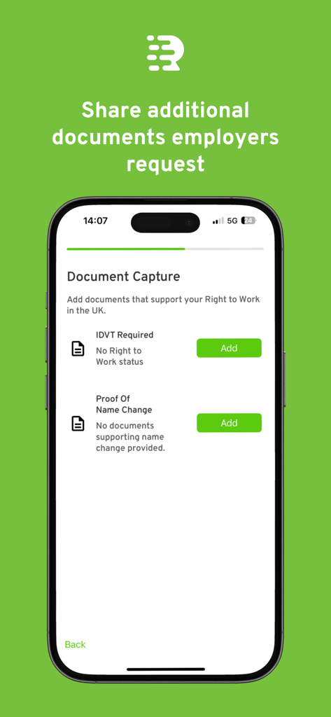 My Rightcheck - イギリスでの雇用資格確認のために、My Rightcheckアプリの書類キャプチャオプションが表示されている画面