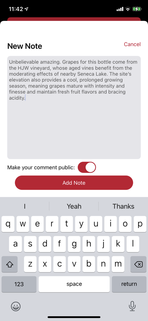 User interface for adding a personal wine tasting note in the Platters Wine Guide app