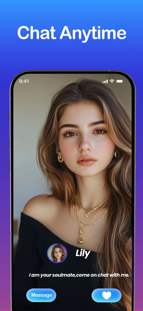 Meechat. - Captura de pantalla de la aplicación móvil Meechat que muestra a un compañero IA virtual llamado Lily con el texto Chat Anytime y un botón de mensaje.