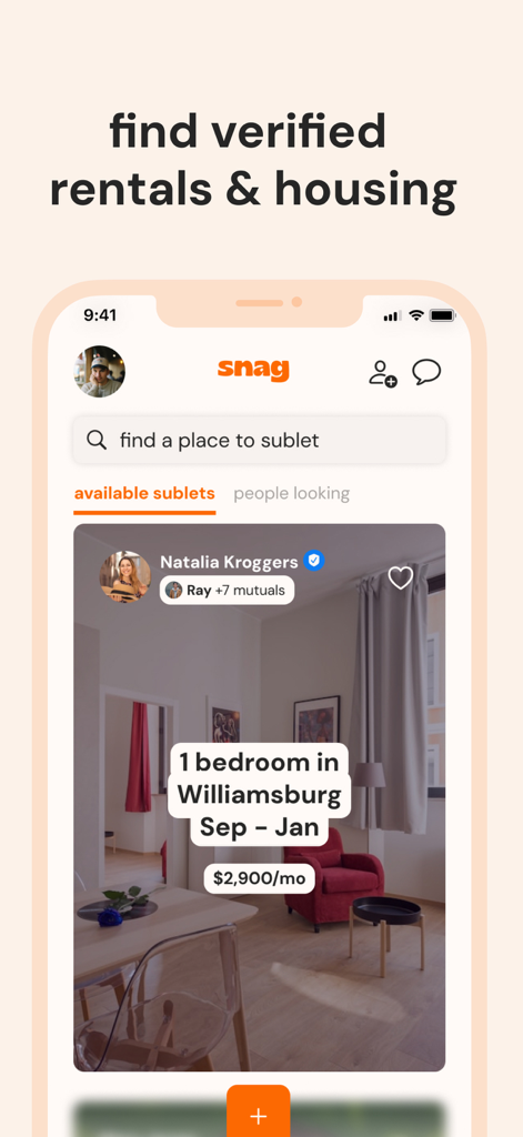 snag sublets - Snag sublets app interface showing verified apartment listings and rental housing search