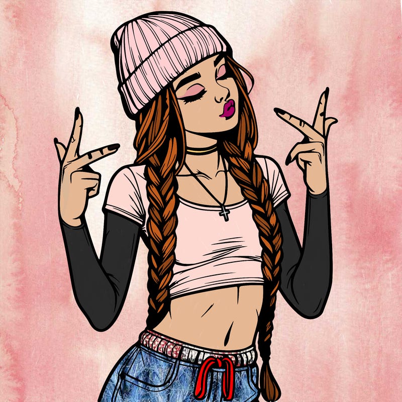 realistic teenage girl with braids and a beanie and crop top doing 🫶🏼