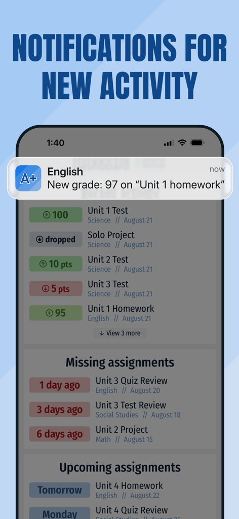 GradePro: Grades & GPA - Smartphone screen showing a GradePro notification for a new grade in English.