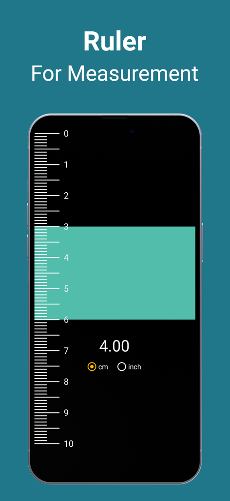Ring Sizer & Tape Measure App - La pantalla de un smartphone mostrando una herramienta de regla digital en centímetros y pulgadas