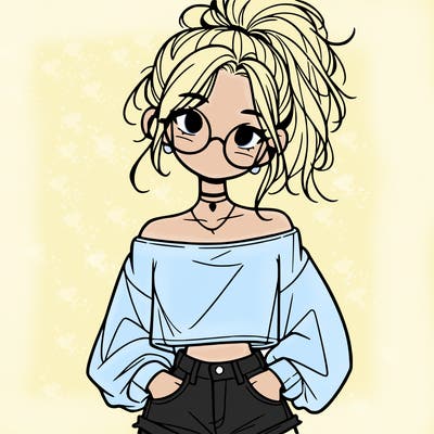 girl with a messy ponytail glasses a baggy crop top and jean shorts