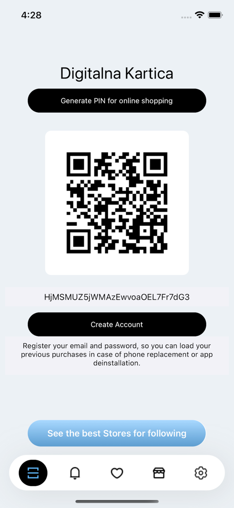 Screen of Digitalna Kartica app featuring a central QR code and account registration options.