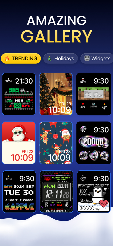 Watch Faces & Widget Gallery - Uma galeria de mostradores de Apple Watch em alta apresentando temas de feriado e digitais.