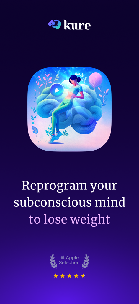 Kure: Healing Hypnosis - Kure app interface promoting weight loss through subconscious mind reprogramming with a stylized illustration of a woman on a brain