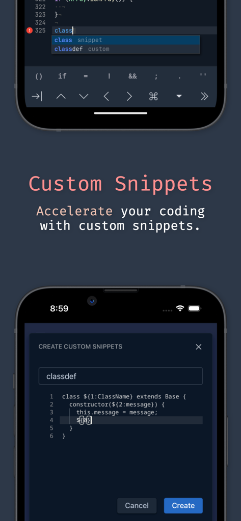 Spck Editor mobile app interface for creating custom code snippets.