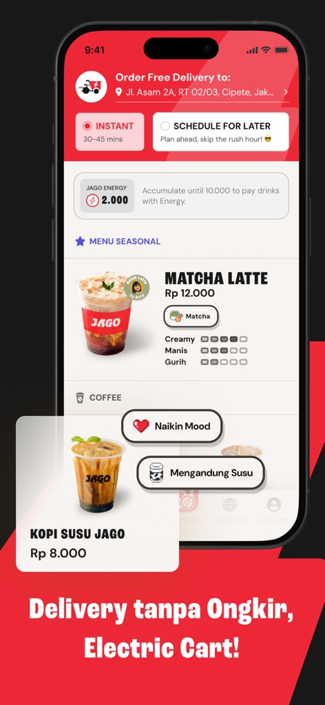 Jago coffee app interface showing drink menu items and free delivery order options