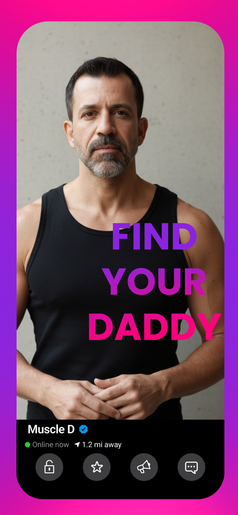 Mr X 게이 데이팅 앱의 사용자 프로필로 중년 남성의 사진과 함께 Find Your Daddy라는 텍스트가 표시됩니다.