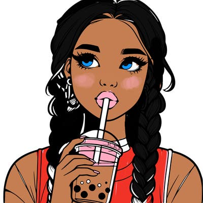 realistic girl with braided hair drinking boba