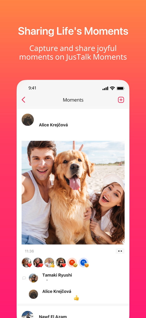 Interfaccia dell'app JusTalk che mostra la funzione Momenti con una foto condivisa di una famiglia e il loro cane