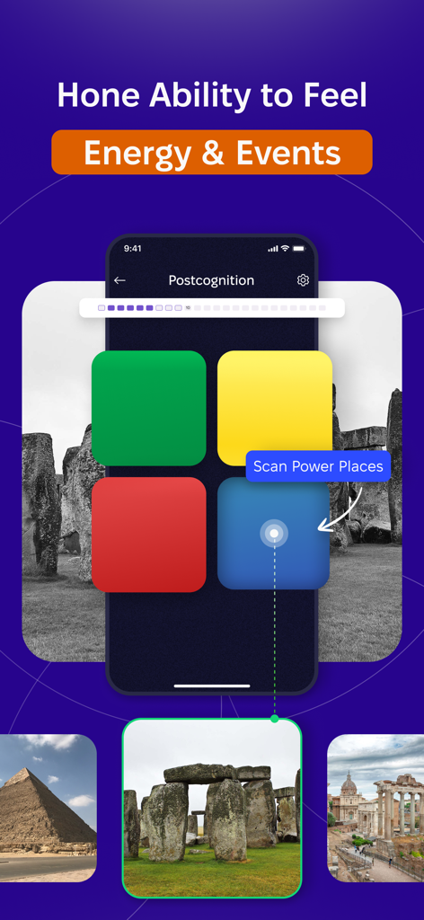 Mobile App-Oberfläche für VEREVIO, die Postkognitionstraining zeigt und historische Kraftorte wie Stonehenge scannt.