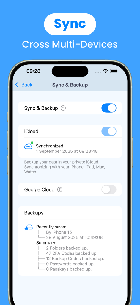 Authenticator App · 2FA - Authenticator app screen showing sync and backup settings with iCloud integration for multi-device security