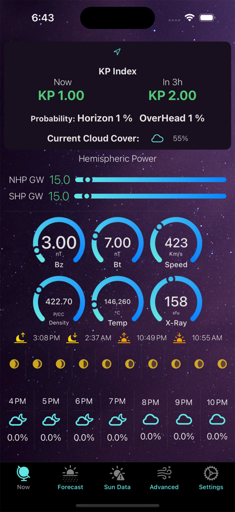 Aurora Forecast - 오로라 예보 앱 화면에 실시간 KP 지수 및 태양풍 데이터 표시