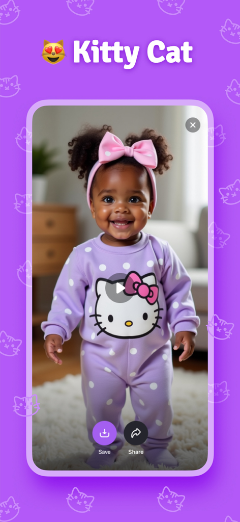 Baby Dance - AI Video - 紫色のハローキティのロンパースを着た赤ちゃんを表示するBaby Dance AI Videoアプリのスクリーンショットで、キティ猫をテーマにしています。
