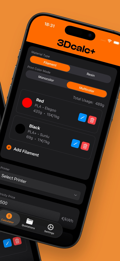 3D 프린팅 재료 및 비용 계산 설정을 보여주는 3Dcalc plus 앱 인터페이스