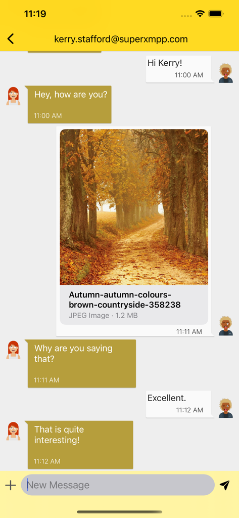 Snikket - Interface of the Snikket secure messaging app showing a private chat conversation with a shared image of an autumn forest path.