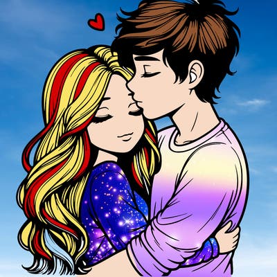 a realistic couple boy and girl hugging and kissing