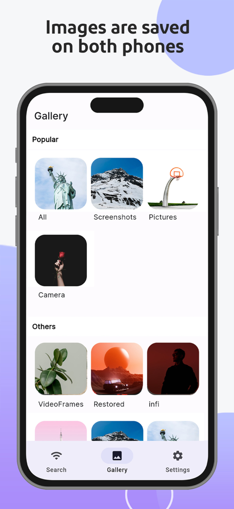 SayCheese - Remote Camera - Interface de la galerie de l'application SayCheese montrant des photos synchronisées entre les appareils