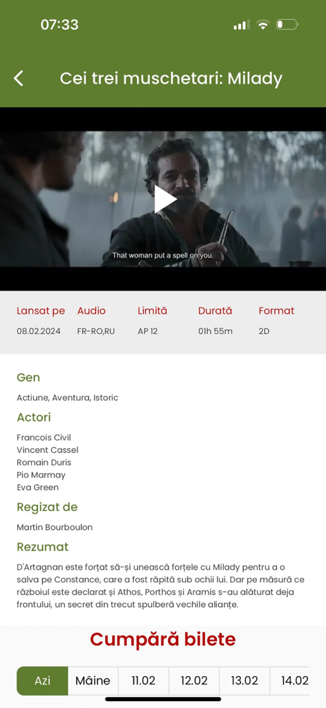 Cineplex app movie details page featuring The Three Musketeers trailer and ticket booking options