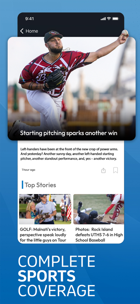 QCTimes - QCTimes mobile app interface highlighting local sports coverage with articles on baseball and golf.