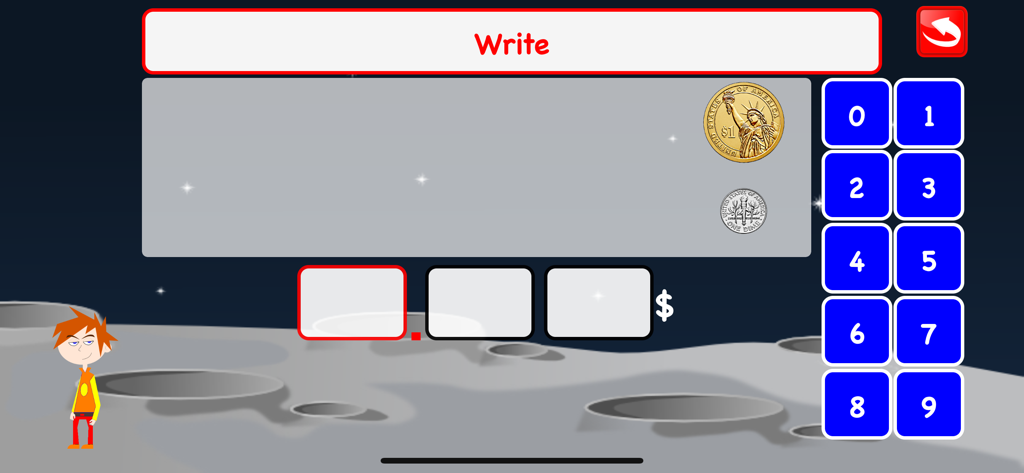 Coins Math Learning Games Kids - Educational math game interface for children showing US coins and a numeric keypad to write the total value