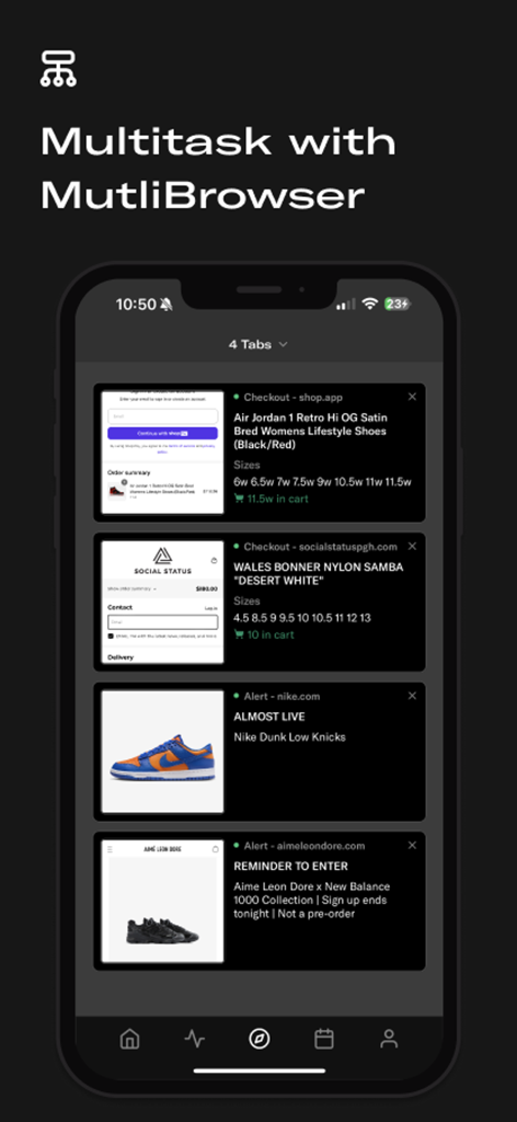 Screenshot of Sole Retriever MultiBrowser feature displaying multiple sneaker checkout and alert tabs for multitasking