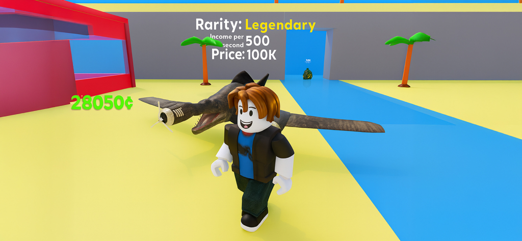 Steal a Golden Fish - Cartoon character in a colorful 3D world standing next to a legendary shark item with a propeller