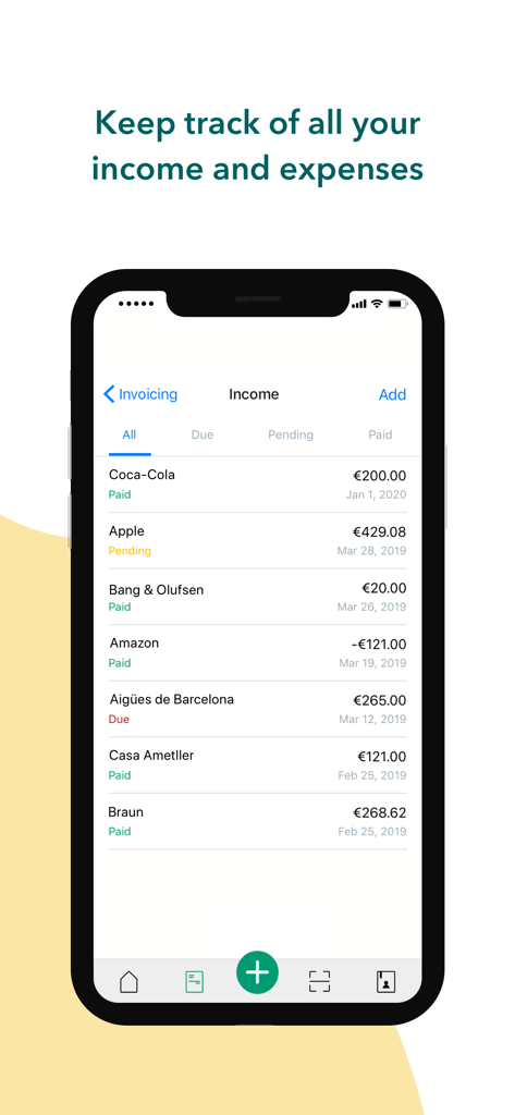 Quipu - Interfaz de la aplicación móvil Quipu que muestra una lista de ingresos del negocio y estados de pago
