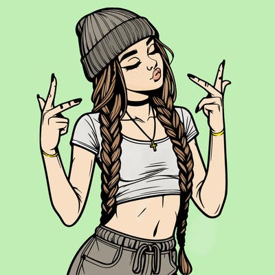 realistic teenage girl with braids and a beanie and crop top doing 🫶🏼
