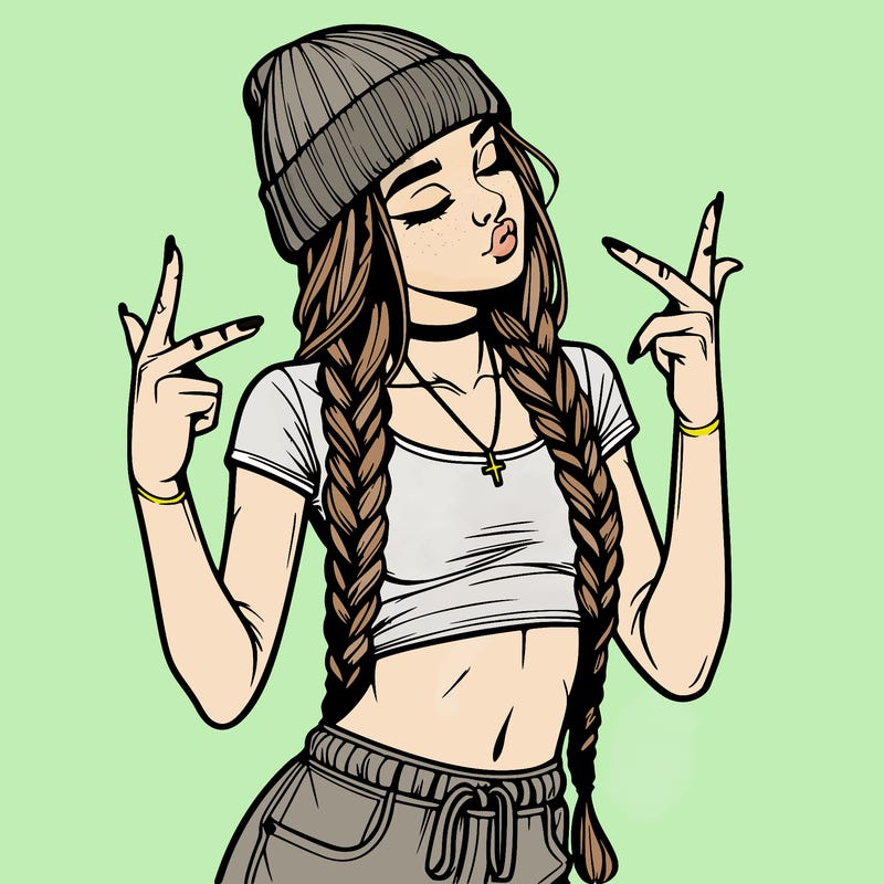 realistic teenage girl with braids and a beanie and crop top doing 🫶🏼