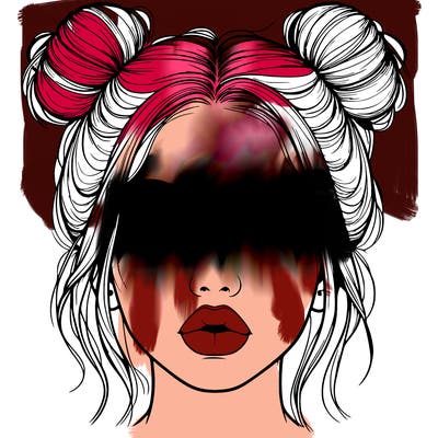 realistic girl with two buns on her hair and lips
