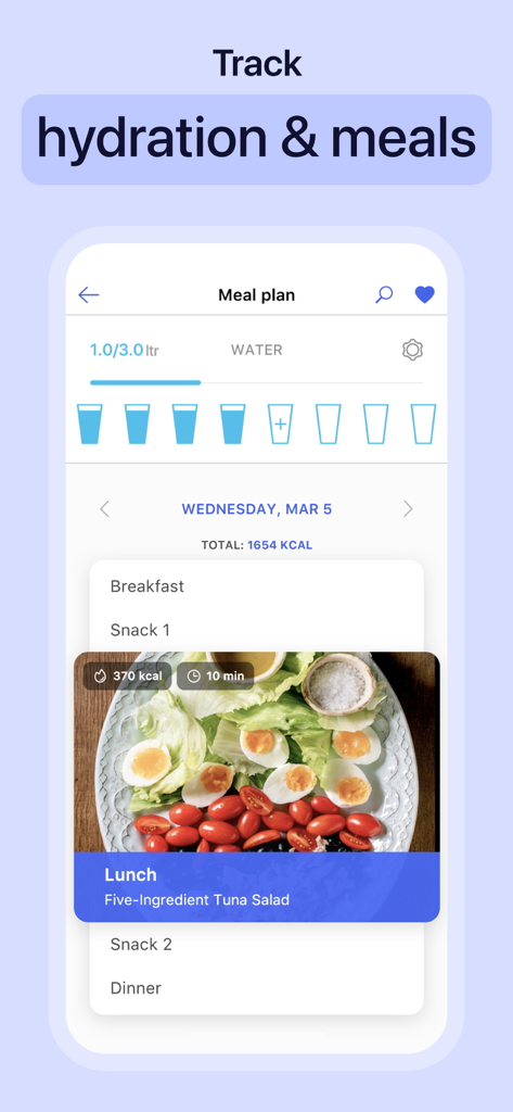 Interface for tracking daily water intake and meal planning with calorie counts.