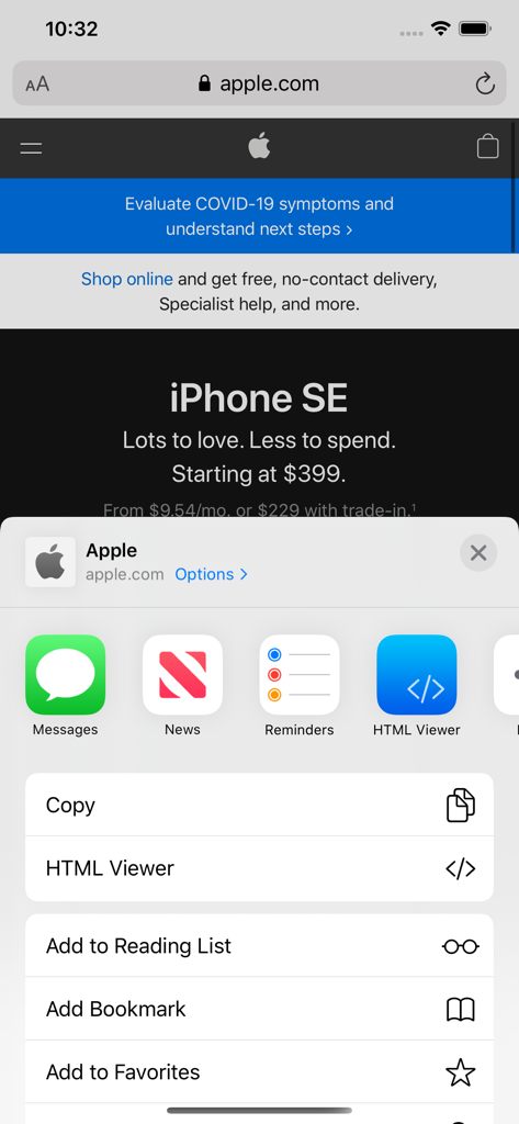 HTML Viewer Pro - iOS Safari share sheet showing HTML Viewer Pro as an option to view website source code