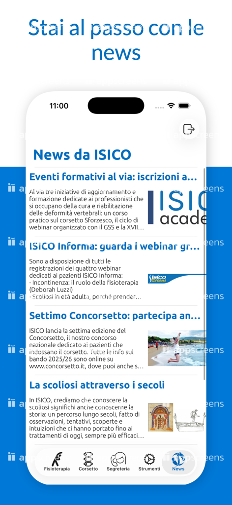 ISICOapp - Una pantalla de teléfono móvil que muestra la sección de noticias de la aplicación ISICOapp con artículos sobre el tratamiento de la escoliosis y actualizaciones clínicas.