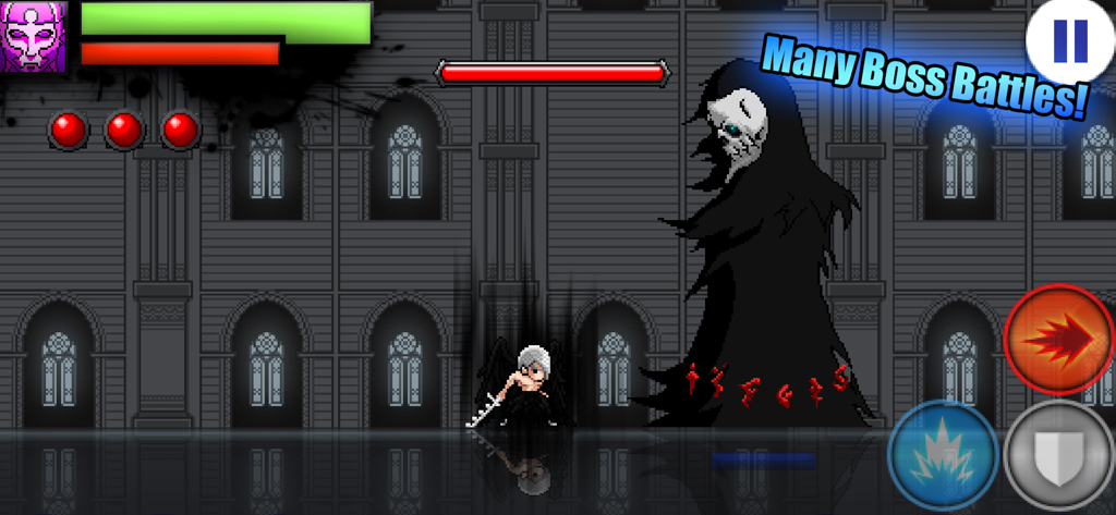 Warriors of the Universe - Un guerrero anime pixel art enfrentándose a un jefe segador gigante en un entorno de catedral gótica.