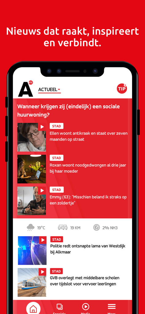 Interface of the AT5 news app showing local Amsterdam stories and weather updates
