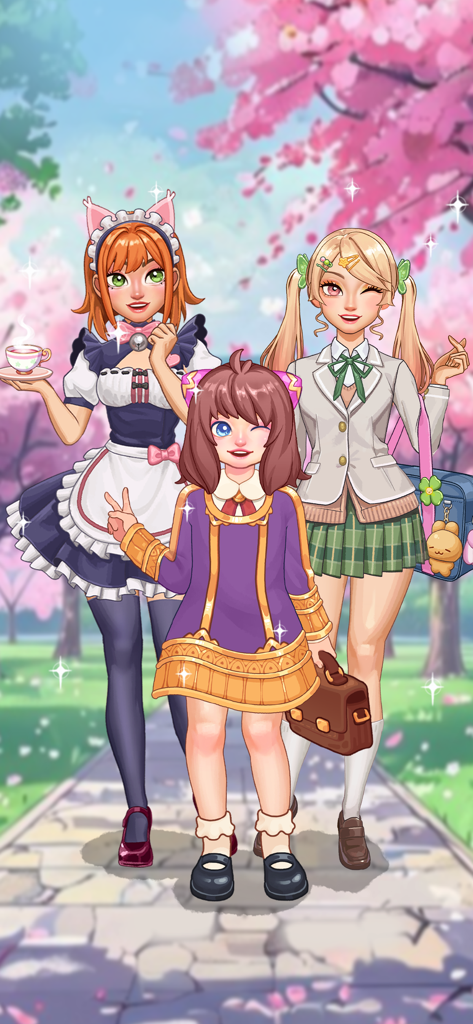 Cosplaydom - Três personagens de anime em diferentes trajes de cosplay, incluindo uma empregada e uma estudante, em um parque de cerejeiras